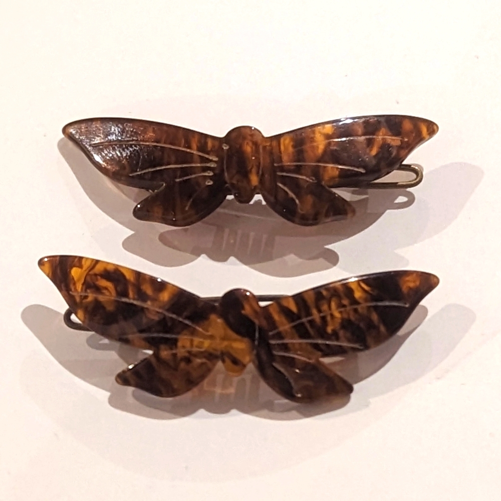Vintage Faux Tortoise Shell Butterfly Hair Clip Barrette set Of Two